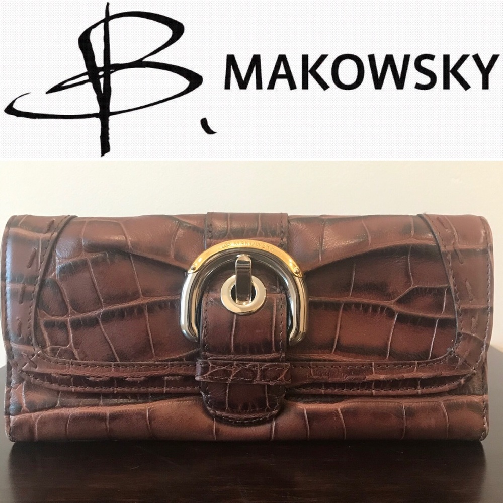 B. Makowsky Leather Crocodile Print Trifold Wallet
